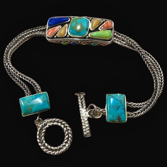 BARSE Sterling Silver Turquoise Coral Lapis Cabochon Thai Weave Toggle Bracelet